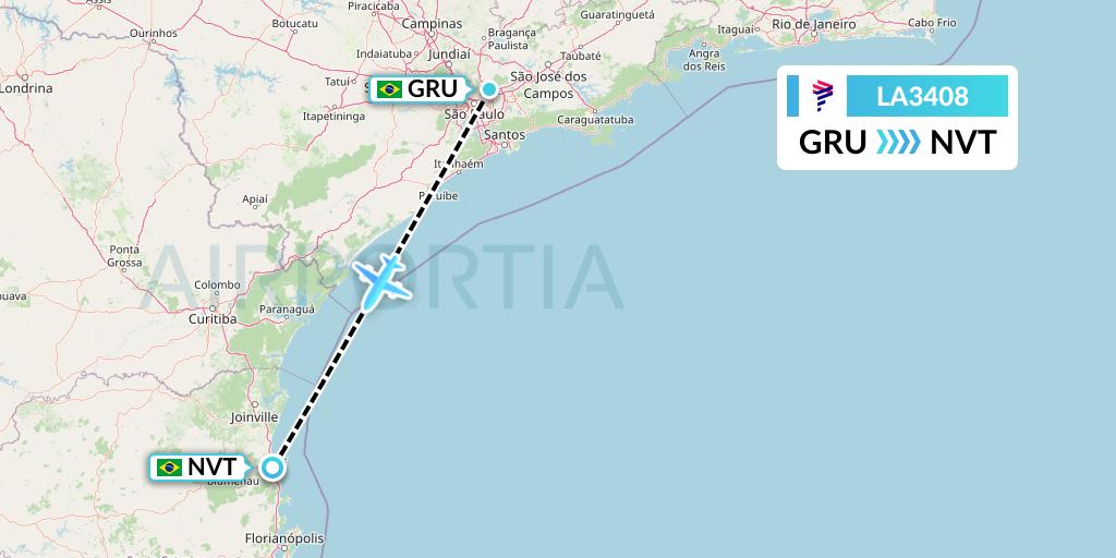 LA3408 LAN Airlines Flight Map: Sao Paulo to Navegantes