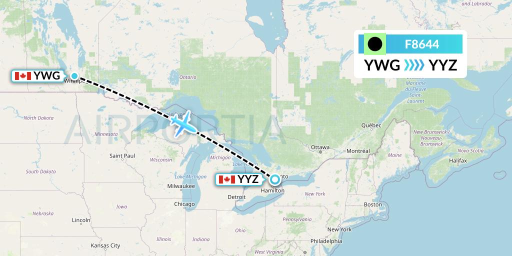 F8644 Flair Airlines Flight Map: Winnipeg to Toronto
