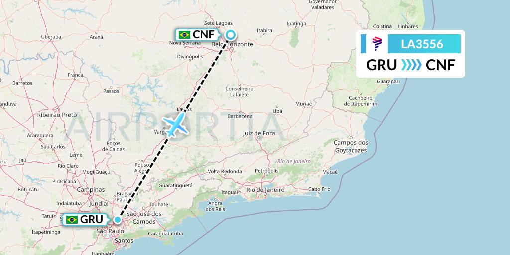 LA3556 LAN Airlines Flight Map: Sao Paulo to Belo Horizonte