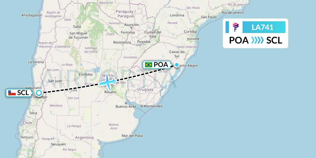 LA741 LAN Airlines Flight Map: Porto Alegre to Santiago