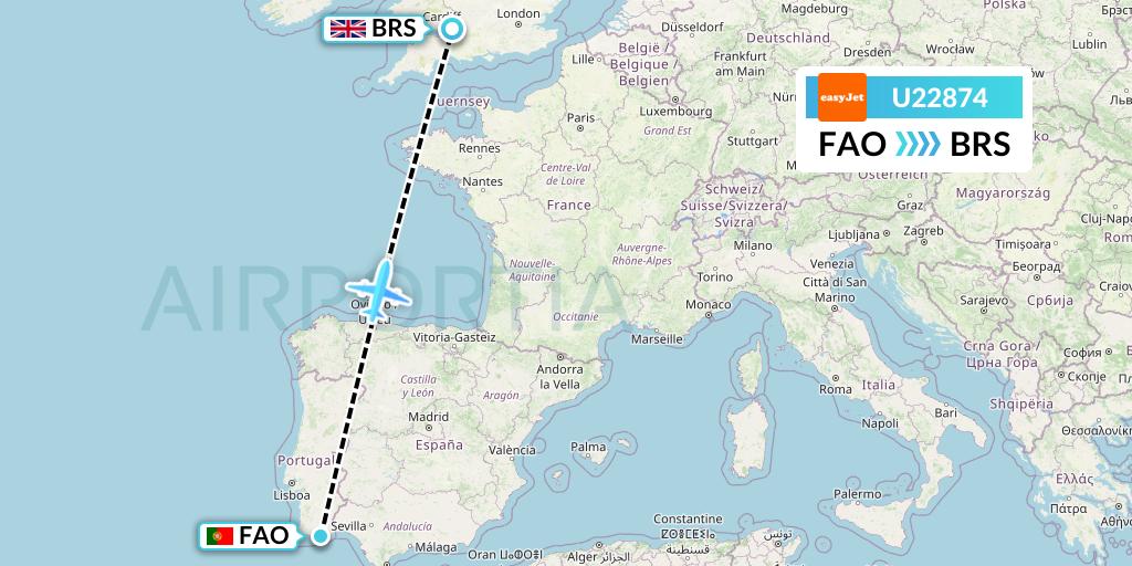 U22874 EasyJet Flight Map: Faro to Bristol
