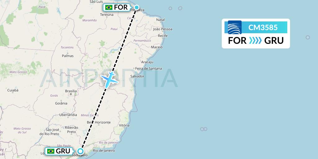 CM3585 Copa Airlines Flight Map: Fortaleza to Sao Paulo