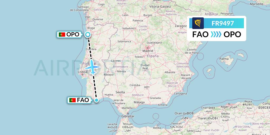 FR9497 Ryanair Flight Map: Faro to Porto