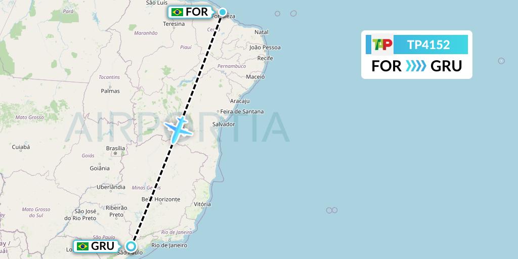 TP4152 TAP Portugal Flight Map: Fortaleza to Sao Paulo