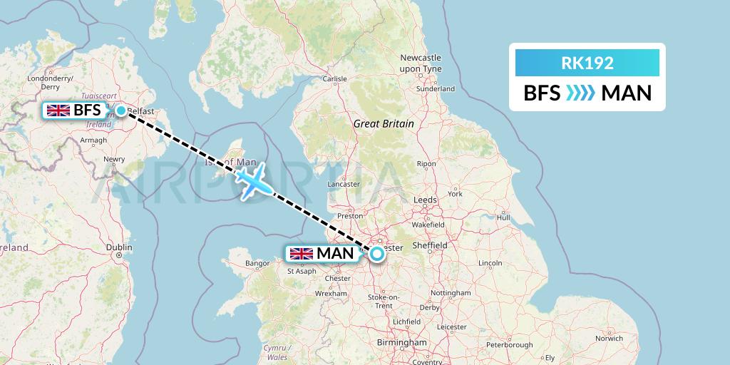 RK192 Ryanair UK Flight Map: Belfast to Manchester