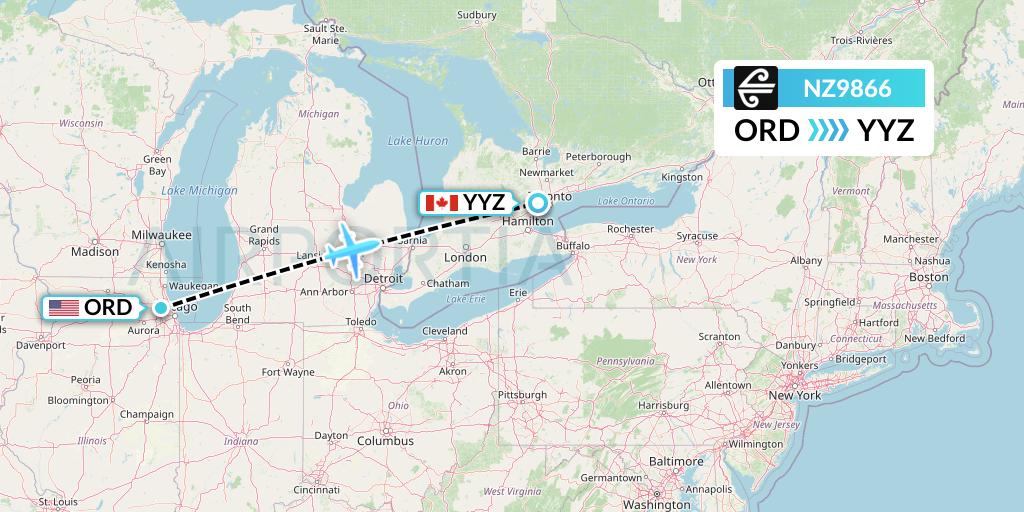 NZ9866 Air New Zealand Flight Map: Chicago to Toronto