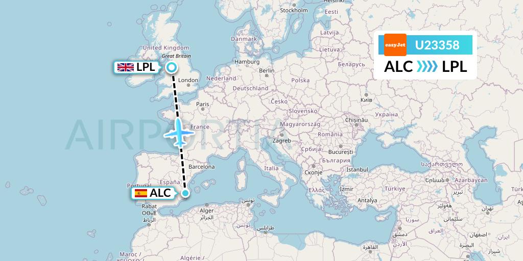 U23358 EasyJet Flight Map: Alicante to Liverpool