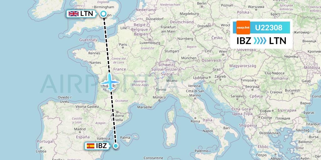 U22308 EasyJet Flight Map: Ibiza to London
