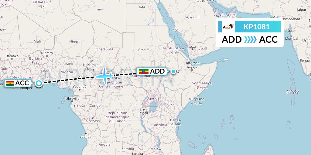 KP1081 ASKY Flight Map: Addis Ababa to Accra