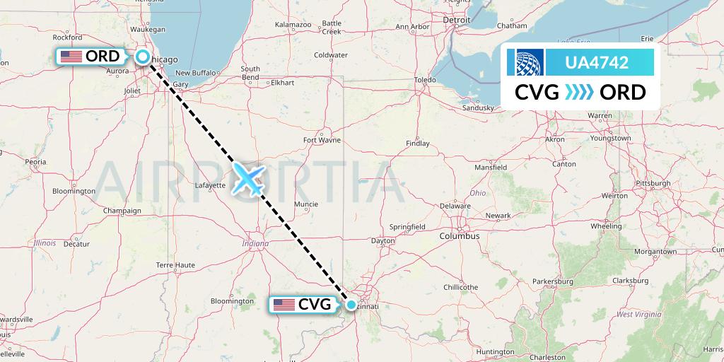 UA4742 United Airlines Flight Map: Cincinnati to Chicago
