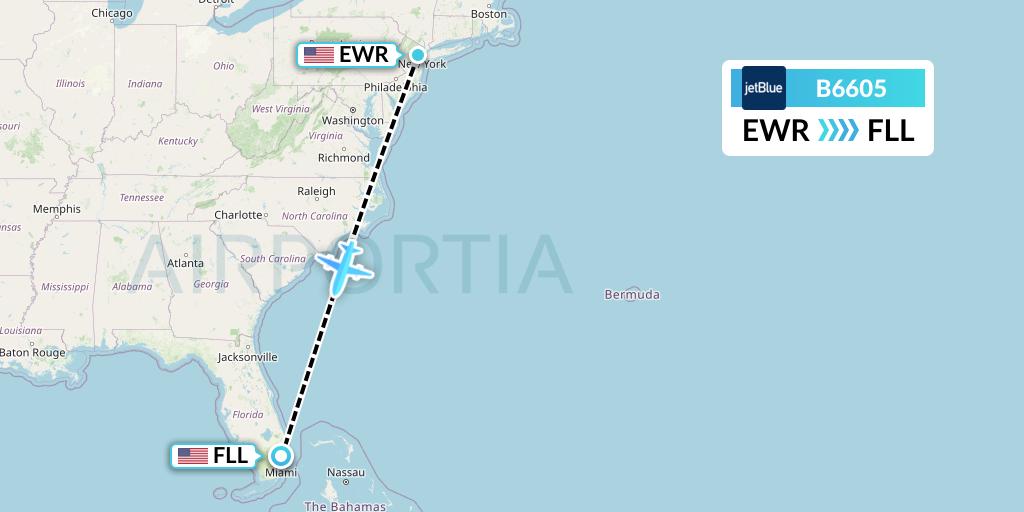 B6605 JetBlue Airways Flight Map: New York to Fort Lauderdale