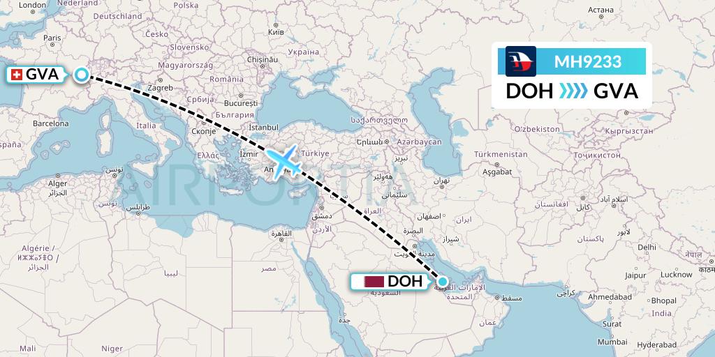 MH9233 Malaysia Airlines Flight Map: Doha to Geneva