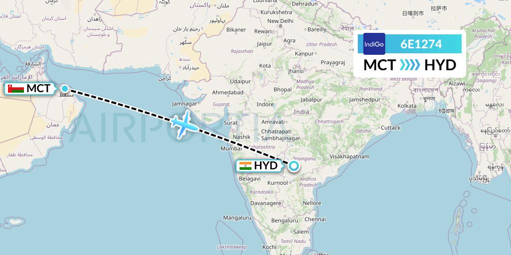 6E1274 IndiGo Airlines Flight Map: Muscat to Hyderabad