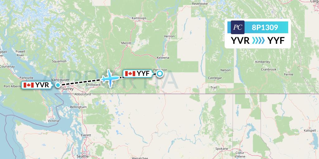 8P1309 Pacific Coastal Airlines Flight Map: Vancouver to Penticton