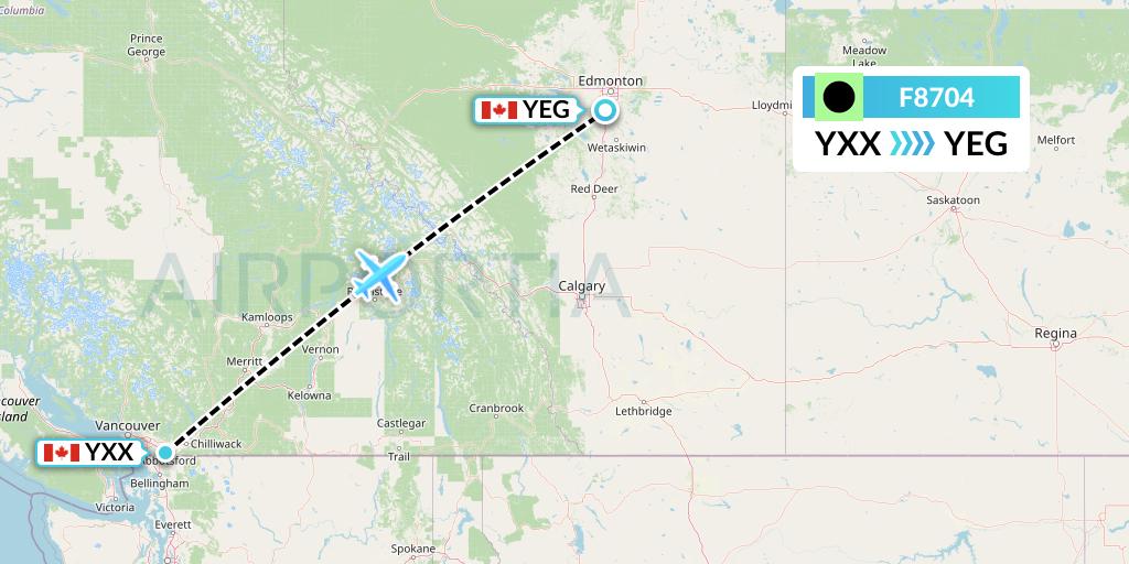 F8704 Flair Airlines Flight Map: Abbotsford to Edmonton