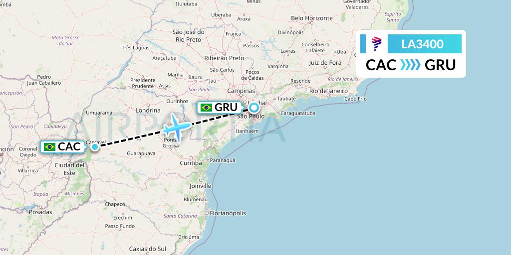 LA3400 LAN Airlines Flight Map: Cascavel to Sao Paulo