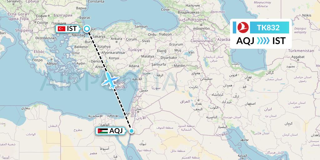 TK832 Turkish Airlines Flight Map: Aqaba to Istanbul