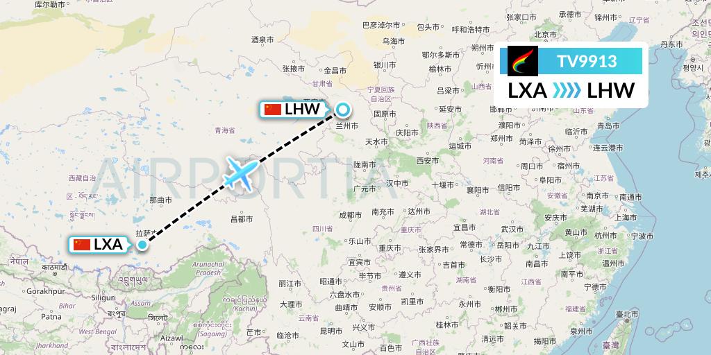 TV9913 Tibet Airlines Flight Map: Lhasa to Lanzhou