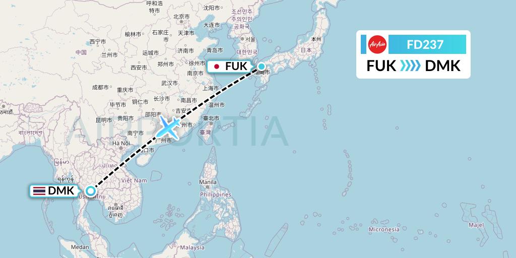 FD237 Thai AirAsia Flight Map: Fukuoka to Bangkok