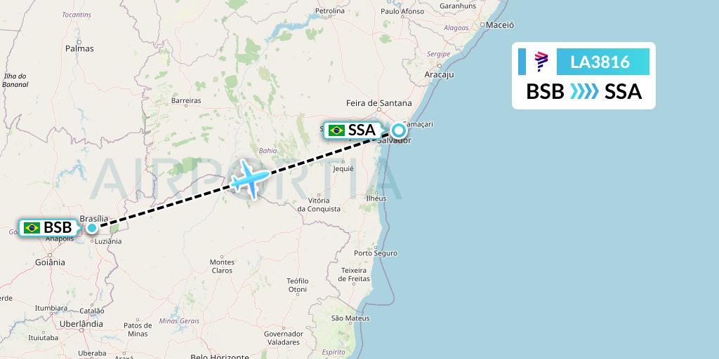 LA3816 LAN Airlines Flight Map: Brasilia to Salvador