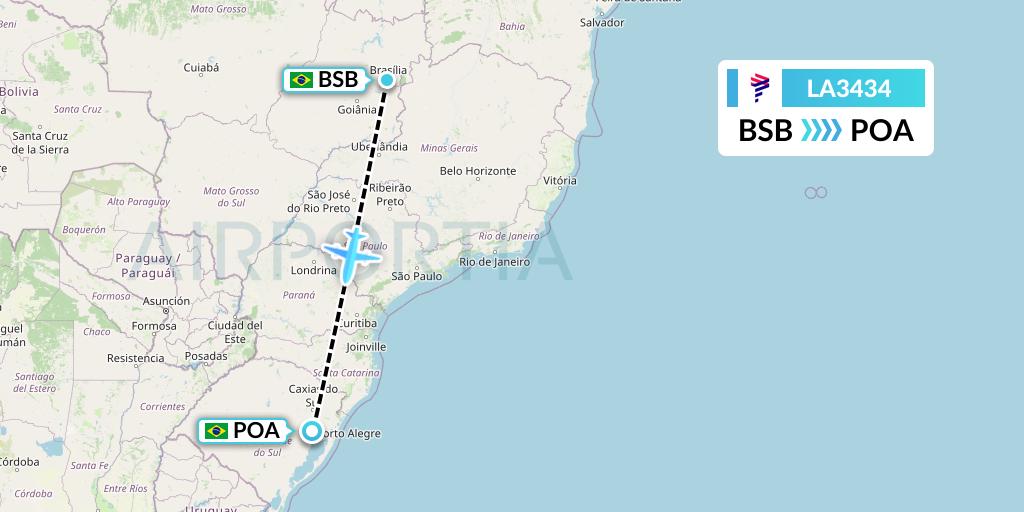 LA3434 LAN Airlines Flight Map: Brasilia to Porto Alegre