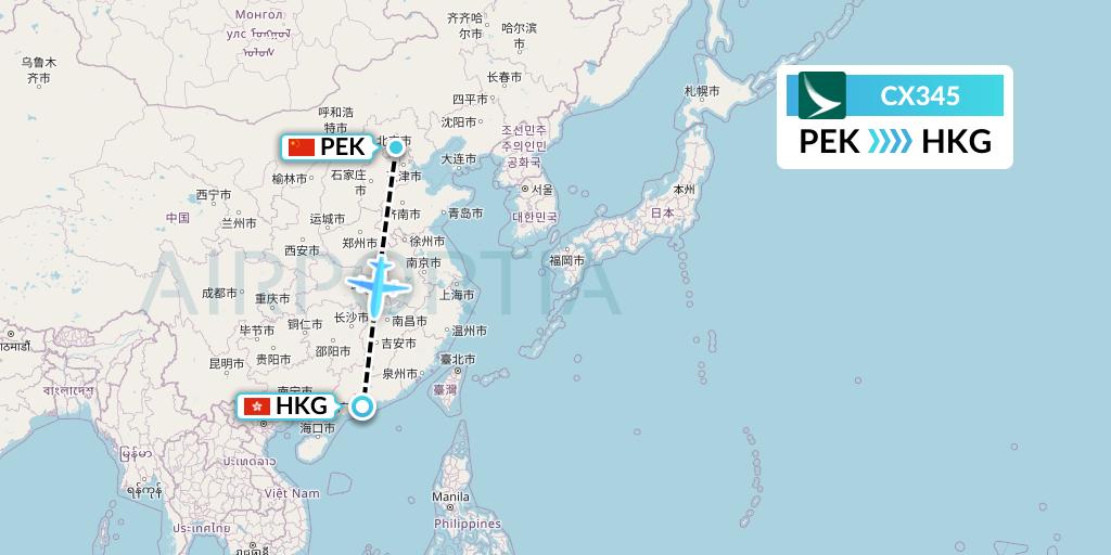 CX345 Cathay Pacific Flight Map: Beijing to Hong Kong