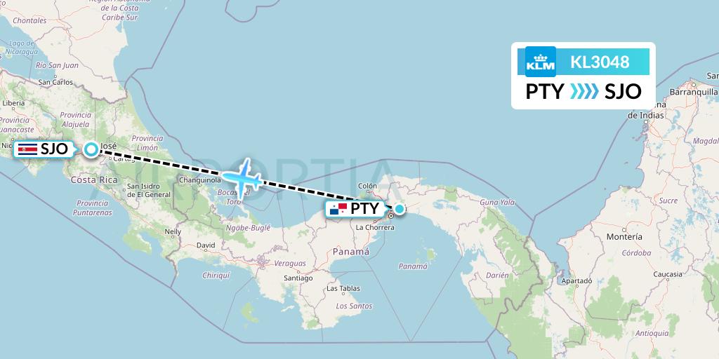 KL3048 KLM Flight Map: Panama City to San Jose