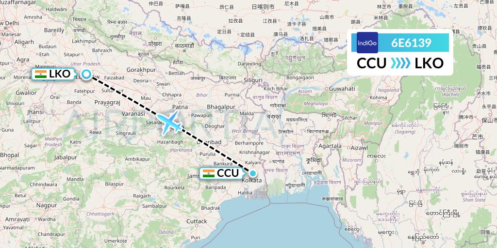 6E6139 IndiGo Airlines Flight Map: Kolkata to Lucknow