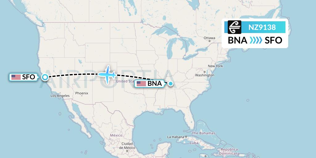 NZ9138 Air New Zealand Flight Map: Nashville to San Francisco