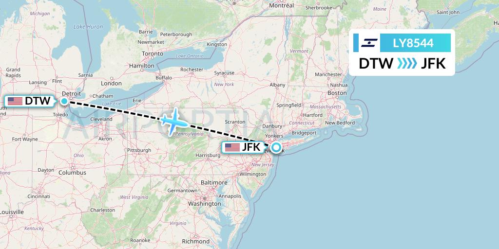 LY8544 El Al Flight Map: Detroit to New York