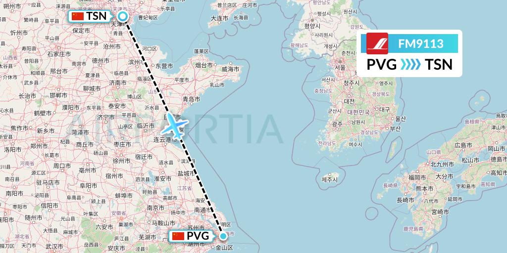 FM9113 Shanghai Airlines Flight Map: Shanghai to Tianjin