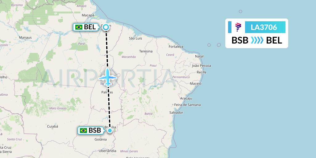 LA3706 LAN Airlines Flight Map: Brasilia to Belem