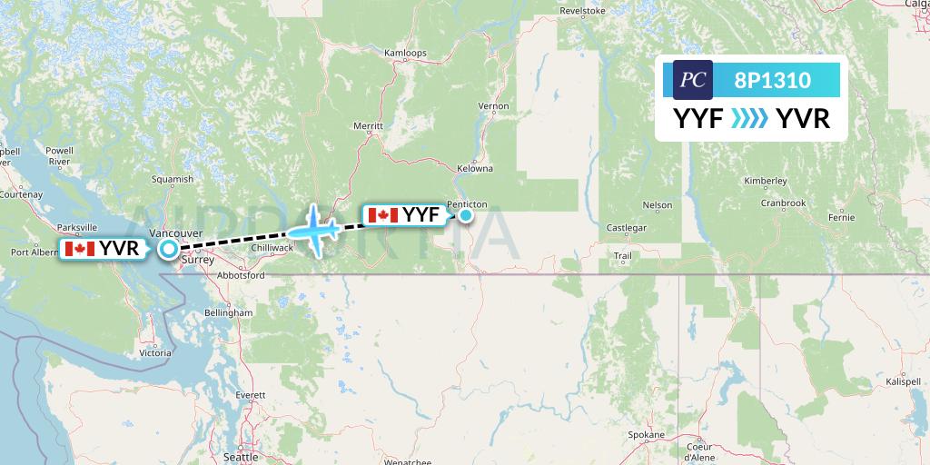 8P1310 Pacific Coastal Airlines Flight Map: Penticton to Vancouver