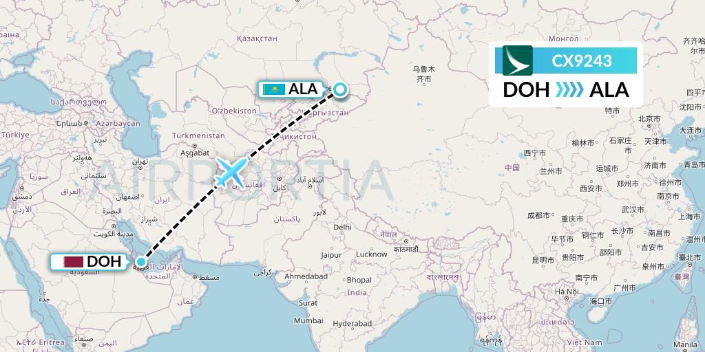 CX9243 Cathay Pacific Flight Map: Doha to Almaty