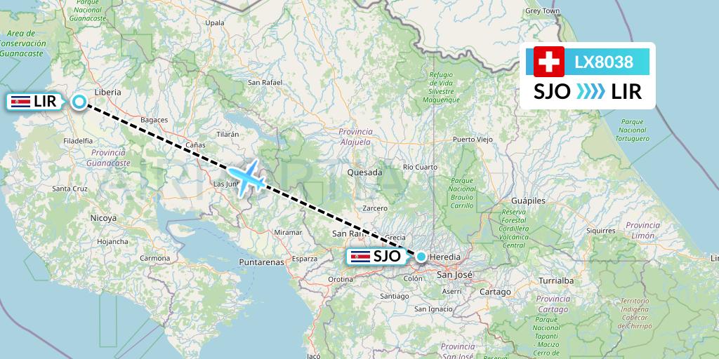LX8038 Swiss Flight Map: San Jose to Liberia