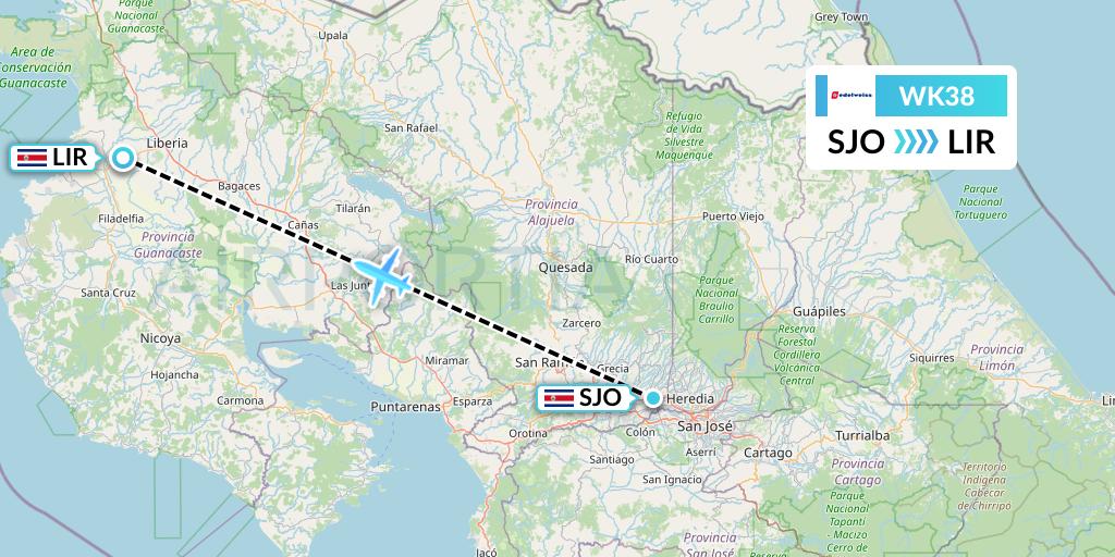 WK38 Edelweiss Air Flight Map: San Jose to Liberia