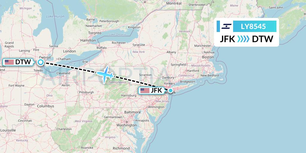 LY8545 El Al Flight Map: New York to Detroit