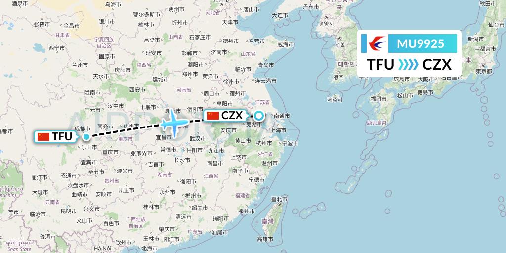 MU9925 China Eastern Airlines Flight Map: Chengdu to Changzhou