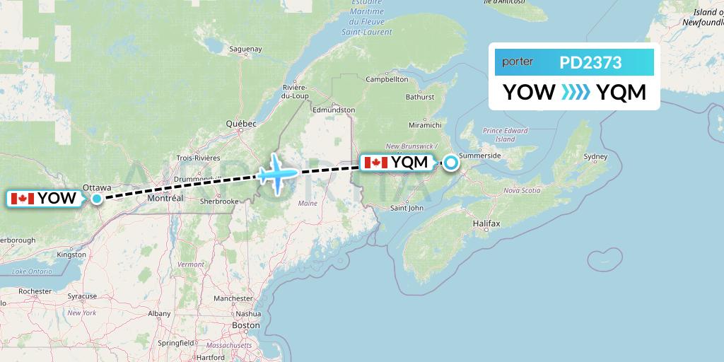 PD2373 Porter Airlines Flight Map: Ottawa to Moncton
