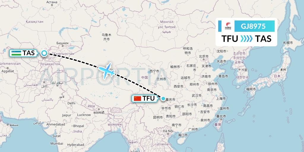 GJ8975 Loong Airlines Flight Map: Chengdu to Tashkent