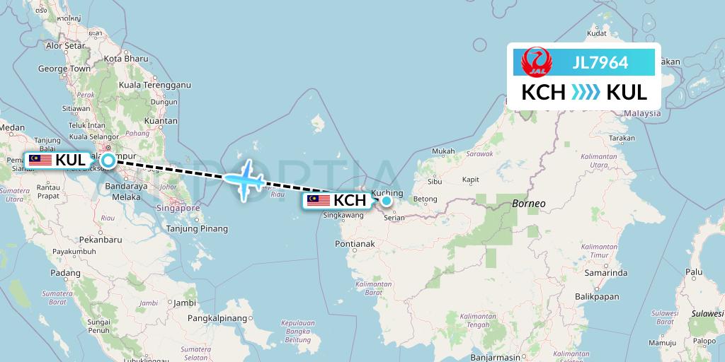 JL7964 Japan Airlines Flight Map: Kuching to Kuala Lumpur