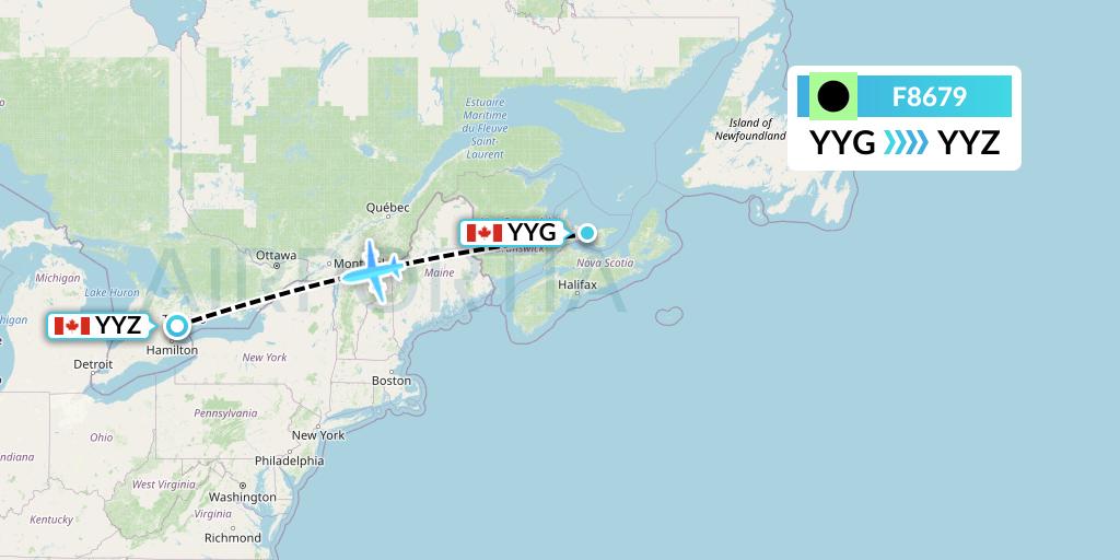 F8679 Flair Airlines Flight Map: Charlottetown to Toronto