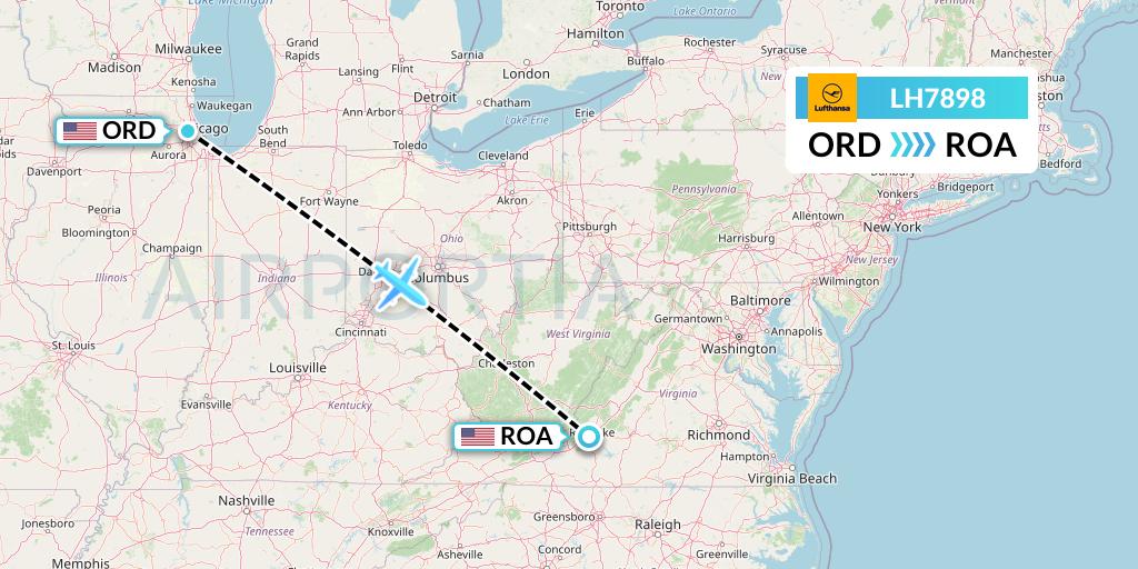 LH7898 Lufthansa Flight Map: Chicago to Roanoke