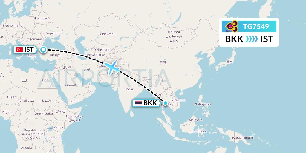 TG7549 Thai Airways Flight Map: Bangkok to Istanbul