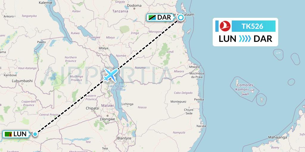 TK526 Turkish Airlines Flight Map: Lusaka to Dar-es-Salaam