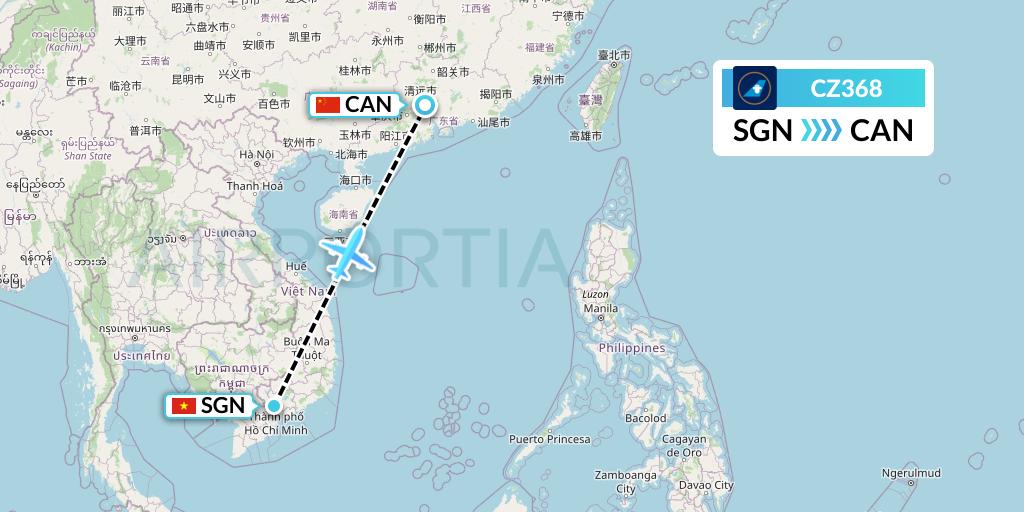 CZ368 China Southern Airlines Flight Map: Ho Chi Minh City to Guangzhou