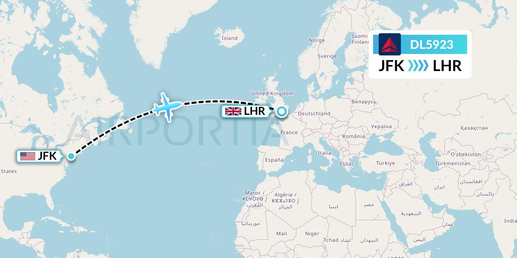 DL5923 Delta Air Lines Flight Map: New York to London