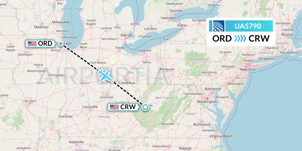 UA5790 United Airlines Flight Map: Chicago to Charleston