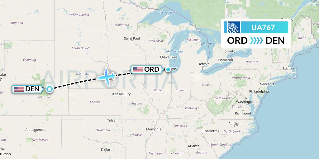 UA767 United Airlines Flight Map: Chicago to Denver