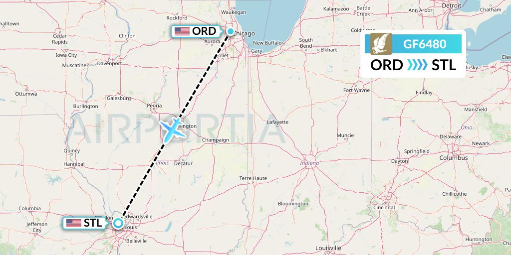 GF6480 Gulf Air Flight Map: Chicago to St. Louis